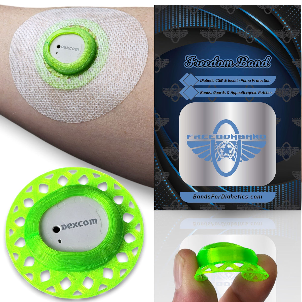 Neon Green Infiniflex guard with white overpatch for Dexcom G7 compatible sensors