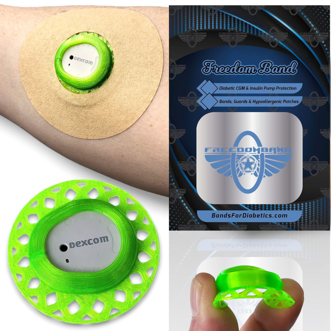 Neon Green Infiniflex guard with tan overpatch for Dexcom G7 compatible sensors