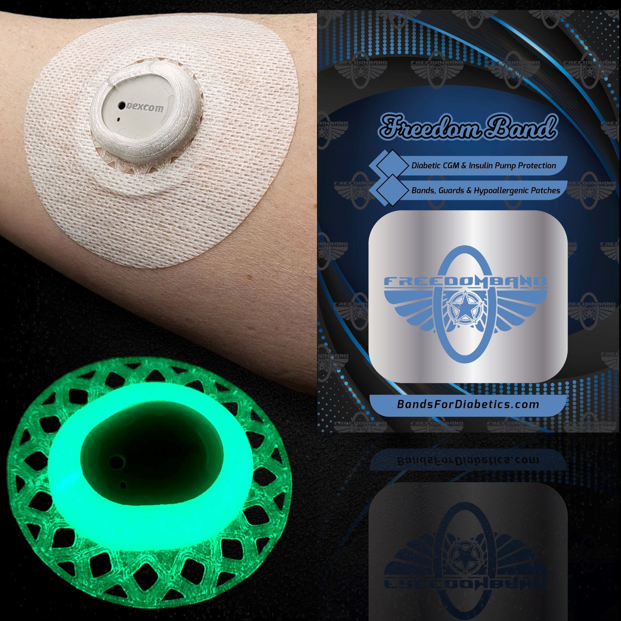Dexcom G7 : Sensor Cover Protective Overlay Patch Guard : Soft & Flexible Armor Shield Freedom Band Green Glow-in-the-Dark Free Sample : White Microwoven 