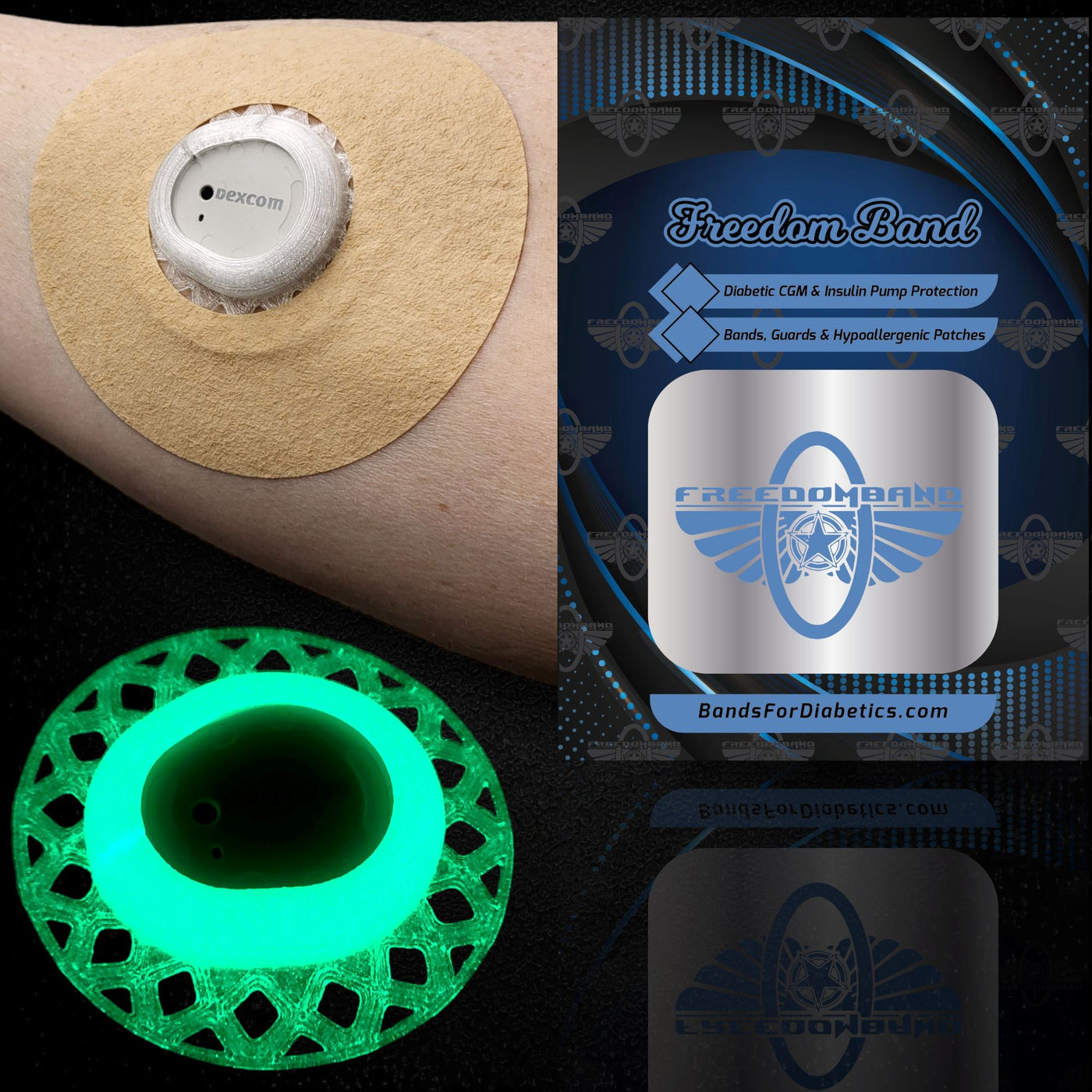 Green glow Infiniflex guard with tan overpatch for Dexcom G7 compatible sensors