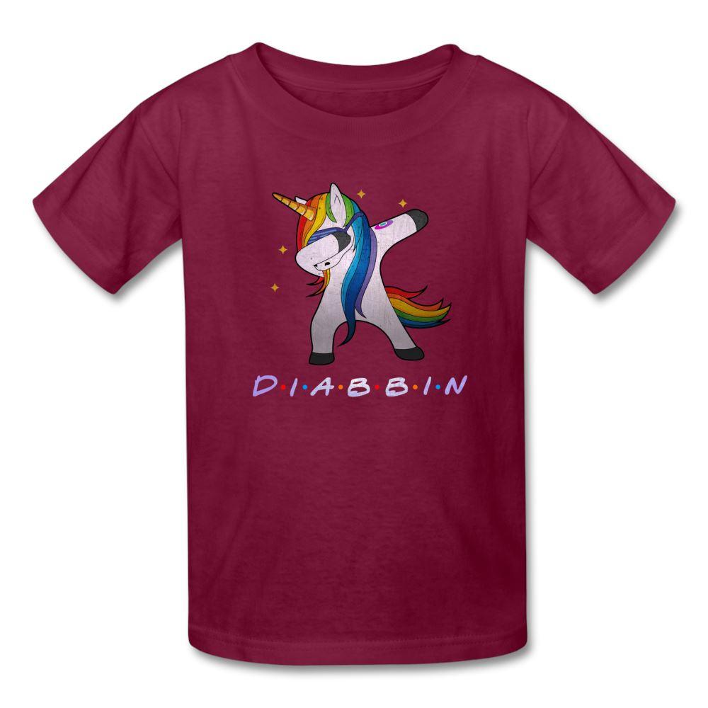 Diabbin unicorn CGM Type 1 diabetes awareness kids T-shirt in burgundy