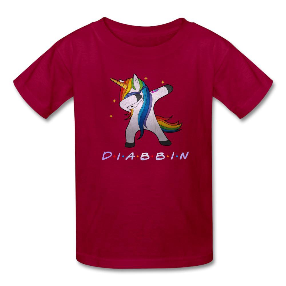 Diabbin unicorn CGM Type 1 diabetes awareness kids T-shirt in dark red