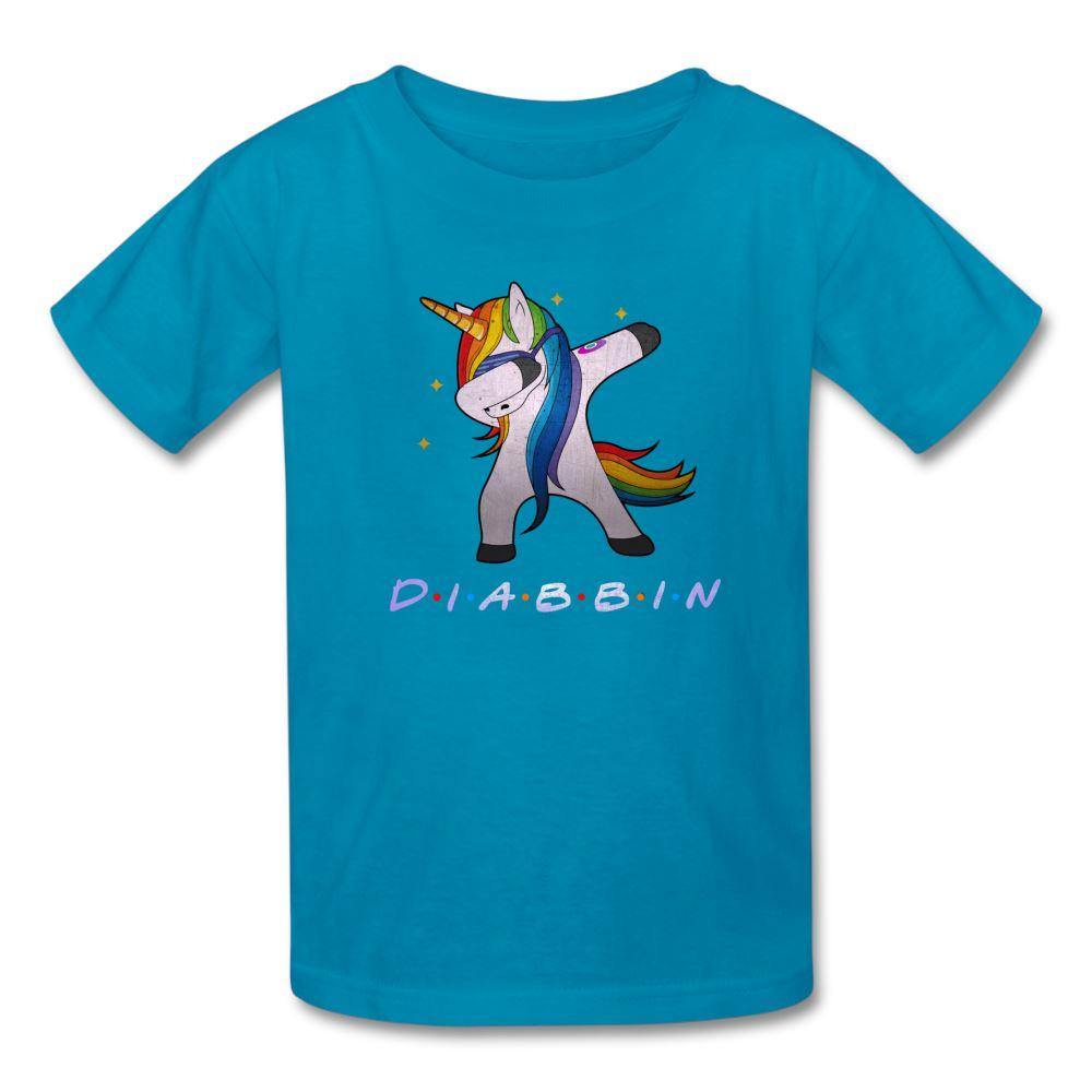 Diabbin unicorn CGM Type 1 diabetes awareness kids T-shirt in turquoise