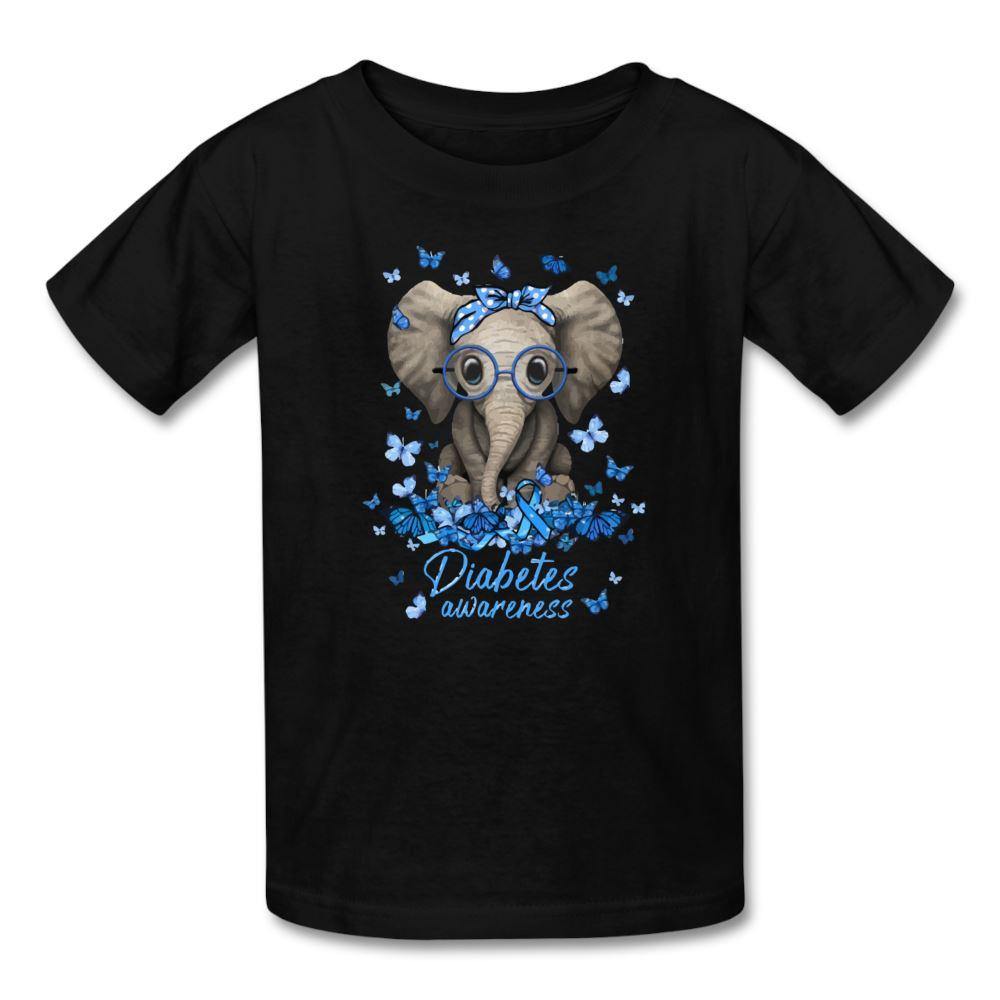 Kids Type 1 diabetes awareness T-shirt with elephant and butterflies in black
