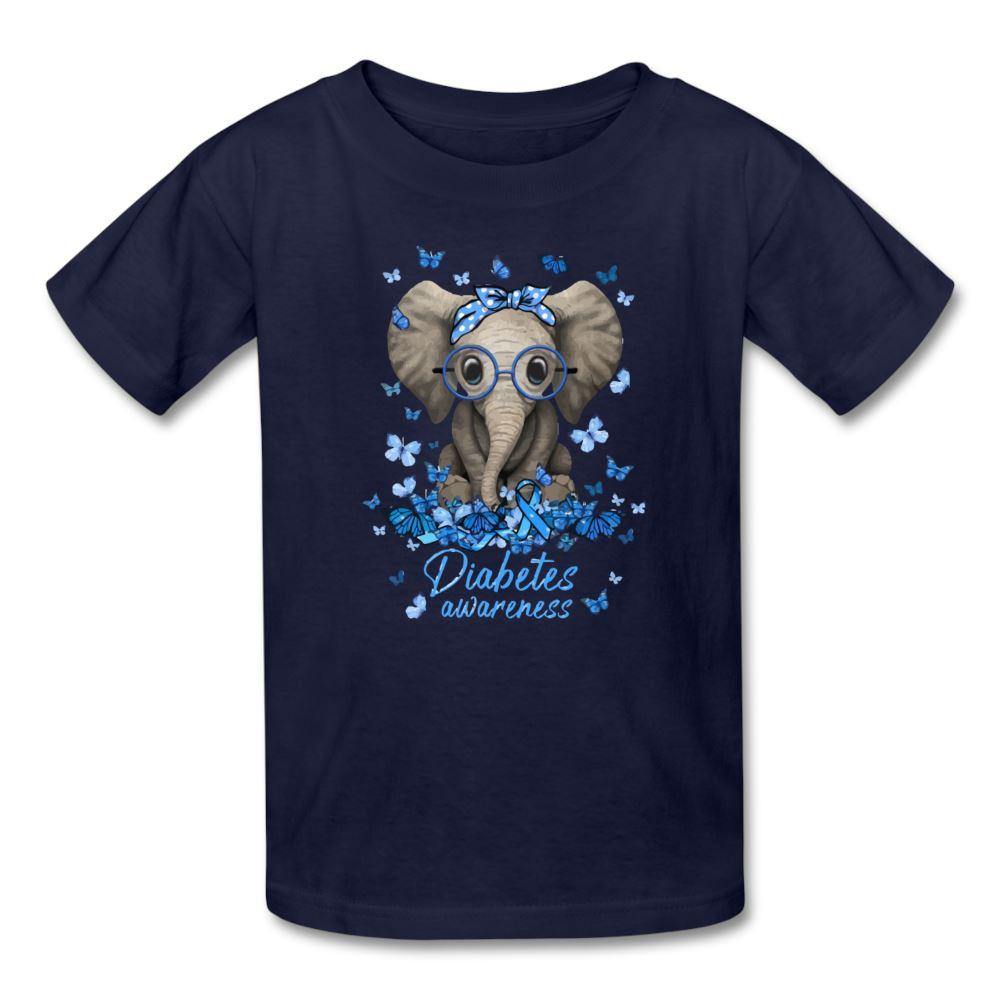 Kids Type 1 diabetes awareness T-shirt with elephant and butterflies in navy