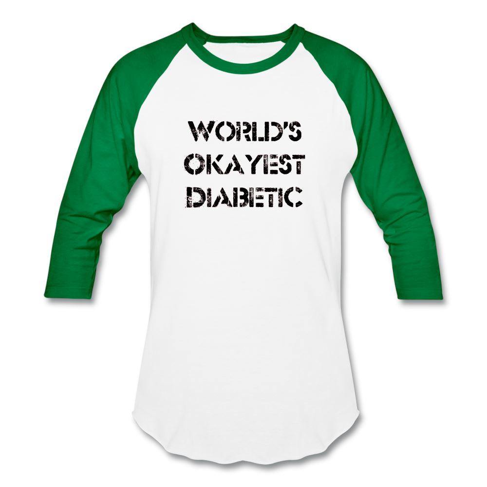 Worlds Okayest Diabetic Unisex Softstyle Baseball T-Shirt - white/kelly green