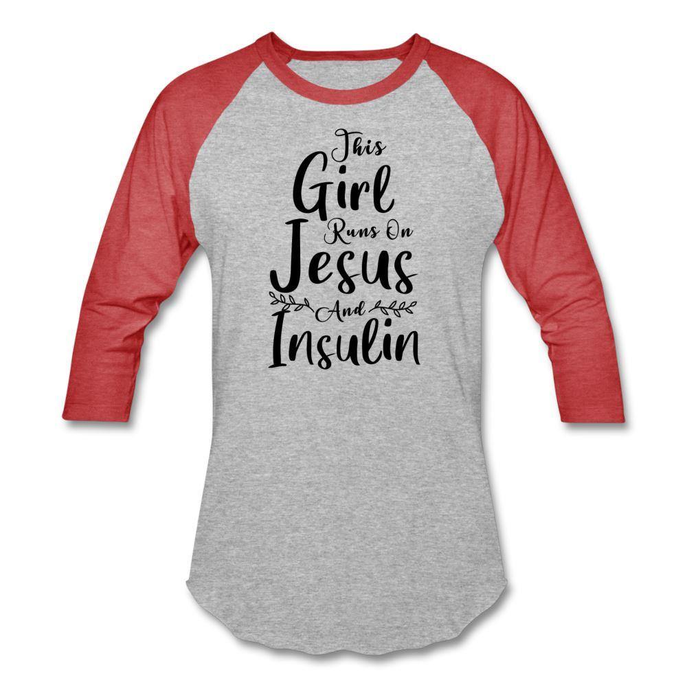 This Girl Runs On Jesus And Insulin Premium Raglan 3/4 Sleeve T-shirt - heather gray/red