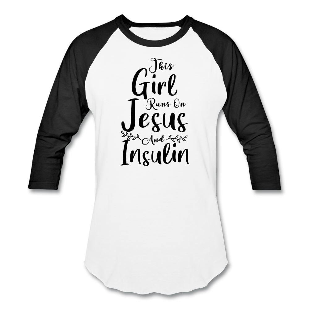 This Girl Runs On Jesus And Insulin Premium Raglan 3/4 Sleeve T-shirt - white/black