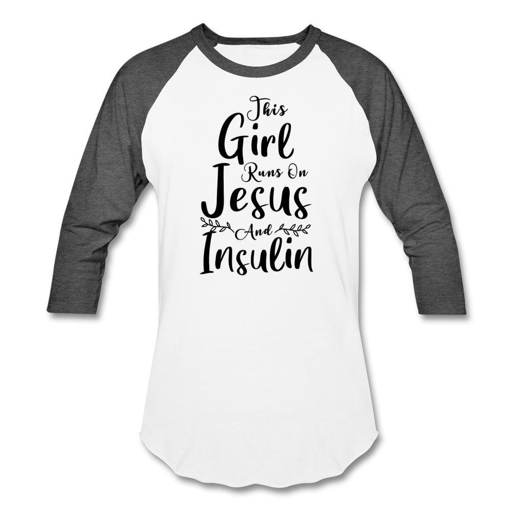 This Girl Runs On Jesus And Insulin Premium Raglan 3/4 Sleeve T-shirt - white/charcoal