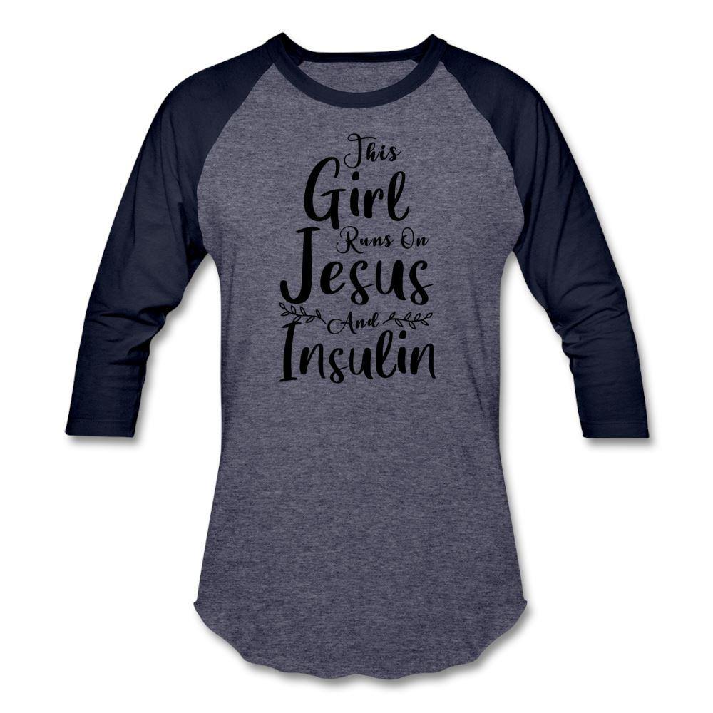 This Girl Runs On Jesus And Insulin Premium Raglan 3/4 Sleeve T-shirt - heather blue/navy